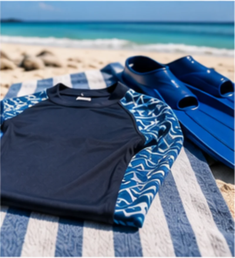 Rashguard anti-UV dan fins di pantai