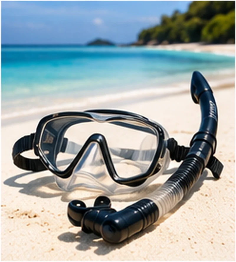 Set masker dan snorkel anti-fog di pantai tropis