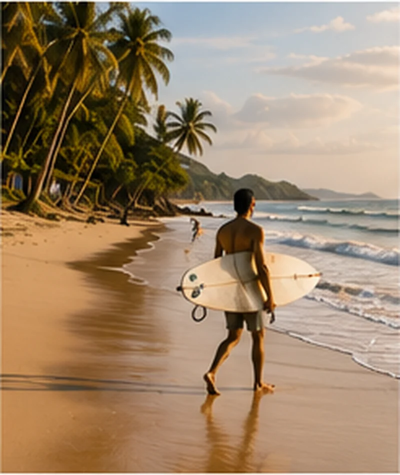 Pantai Bali dengan peselancar berjalan membawa surfboard
