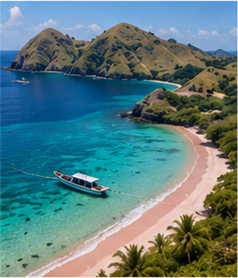 Pantai dan bukit Komodo dengan perahu di teluk tropis