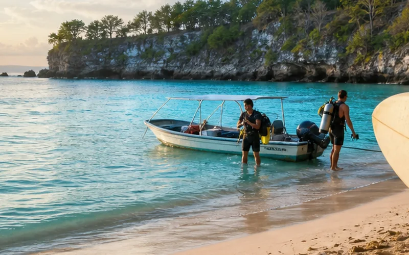 Rental set alat diving Ombak700 di pantai tropis
