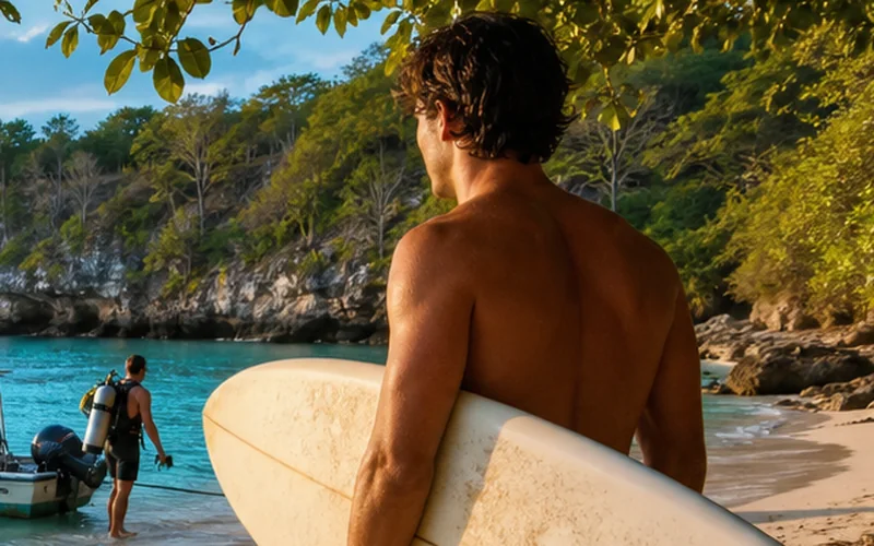 Rental surfboard Ombak700 di pantai tropis