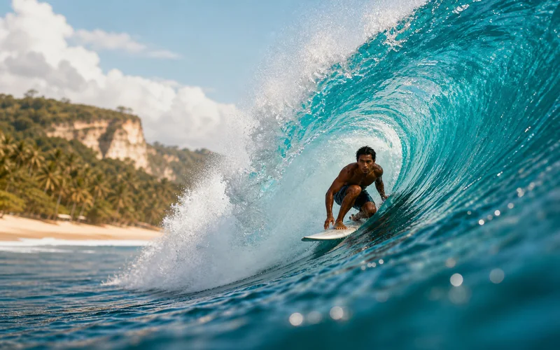 Surf camp Bali Ombak700 dengan peselancar di ombak barrel